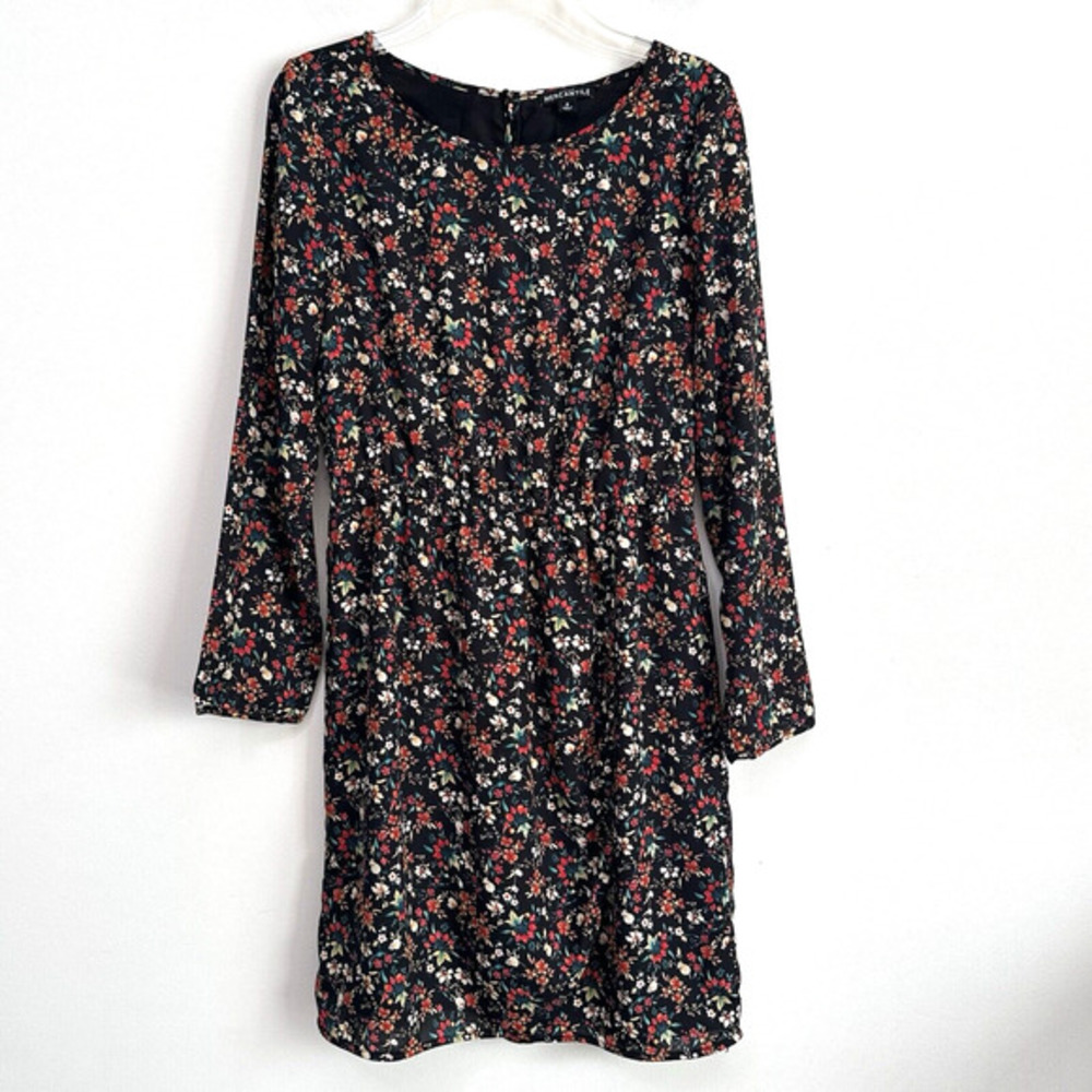 J Crew Mercantile Black Floral Dress 2 Long Sleeve Party Smocked Waist Split Hem